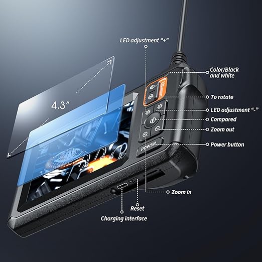 Endoscope Camera with Light, Inspection Borescope Camera with 4.3" IPS Screen, 1920P HD with 8 LED Lights, 32.8FT Semi-Rigid Cord Bore Scope, IP67 Waterproof Endoscope for Sewer, Dual Lens(Orange)