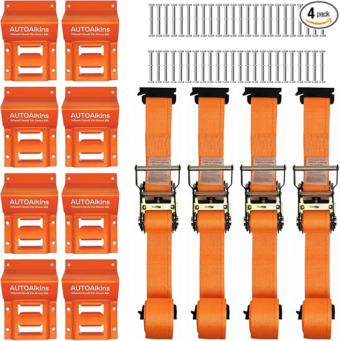 Wheel Chock Tie Down Kit, 4,400lb Break Strength — 4 Heavy Duty E-Track Tire Ratchet Straps & 8 Steel Wheel Chocks, Complete Trailer Tie Down System for ATV, UTV, Lawn Mower & SxS (Orange)