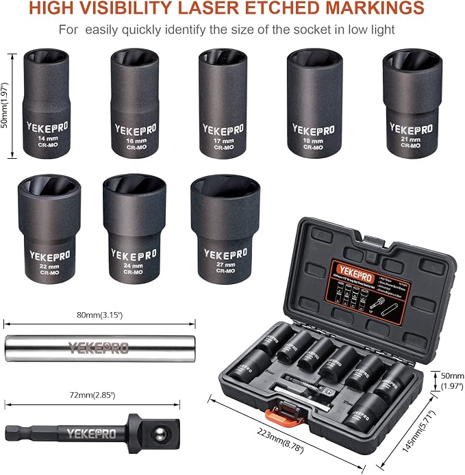 10Pcs Bolt Nut Extractor Set, 1/2" Drive Impact Twist Lug Nut Removal Socket Tool, Stripped For Damaged, Frozen, Studs, Rusted, Rounded-Off Bolts, Nuts & Screws, Cr-Mo Steel, T12210