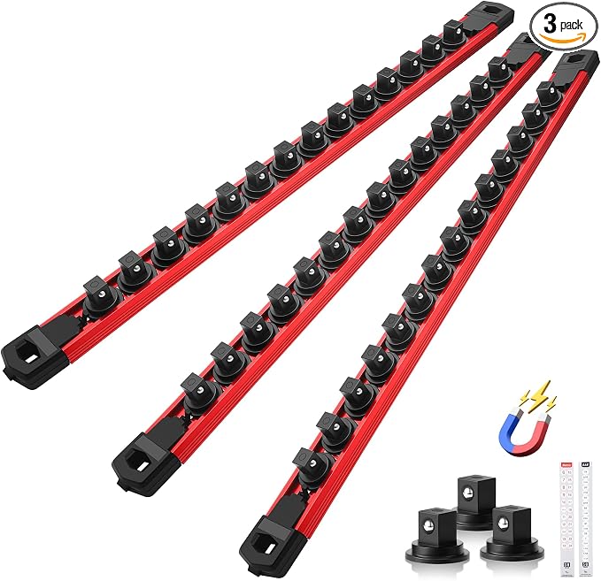 Reniteco Magnetic Socket Organizer Set, 3PC 3/8-Inch Drive Aluminum Alloy Socket Rail, Heavy Duty Magnetic Socket Holder for Tool Box Drawer, 360° Swivel Socket Rack, 3/8" x 42 Clips, Red
