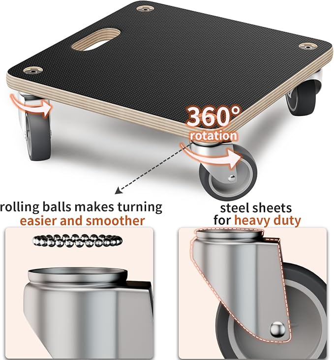 Furniture Mover Dolly Portable Wood Rolling Mover for Heavy Furniture Sofa Cabinet Refrigerator, with 4 360° Rotatable Rubber Universal Wheels, 550 Lbs Capacity, Black (2 Packs)
