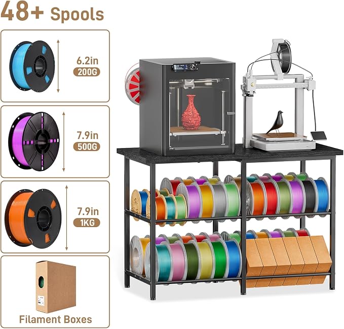 3D Printer Table with Filament Storage, Heavy Duty Metal 3D Printer Stand for 2 Printers, Anti-Vibration 3D Print Desk with Spool Holder for Workshop, Studio, Home Office