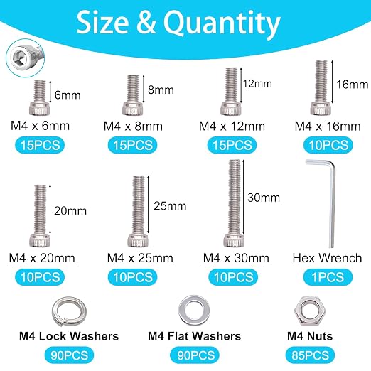 350PCS M4 Screw Kit, M4 x 6/8/12/16/20/25/30mm Hex Socket Head Cap Screws Bolts Nuts Washers Assortment Kit, 304 Stainless Steel Metric Bolts with Hex Wrench