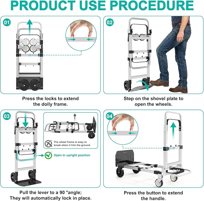 3 in 1 Aluminum Hand Truck Foldable, 500 lbs Convertible Dolly, Collapsible Dolly Cart with 4 Rubber Wheels, Portable Trolley with Retractable Handle for Moving/Office/Home/Warehouse(Black Silver)
