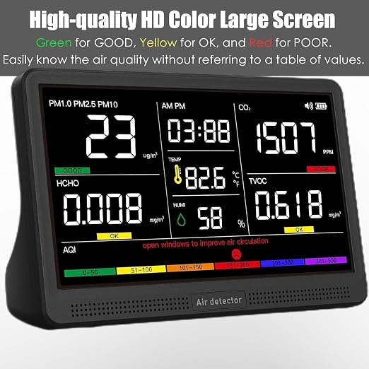 Professional Indoor Air Quality Monitor with 7X AQI Beep Alarms,16 in 1 Portable Real-Time Detector for PM2.5 | PM10 | CO2 | TVOC | HCHO | Temp | Hum for Home Cars Plants Pets (Dark Black)