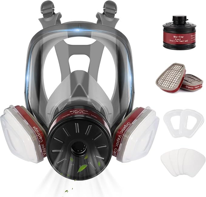 Full Face Respirator Gas Mask with 40mm Filter & Organic Vapor Cartridge, Reusable Respirator Mask for Spraying, Cutting, Sanding, Welding, Woodworking and Construction Projects