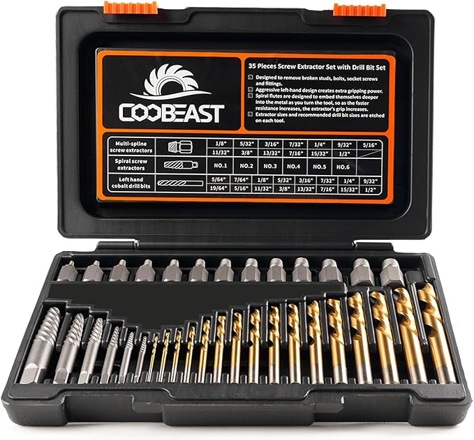 Coobeast 35 Pcs Screw Extractor and Left Hand Drill Bits Set, Easy Out Screw Extractor Kit with HSS Steel Reverse Drill Bit for Broken Nuts, Stripped Bolts Remove