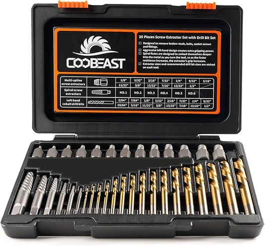 Coobeast 35 Pcs Screw Extractor and Left Hand Drill Bits Set, Easy Out Screw Extractor Kit with HSS Steel Reverse Drill Bit for Broken Nuts, Stripped Bolts Remove