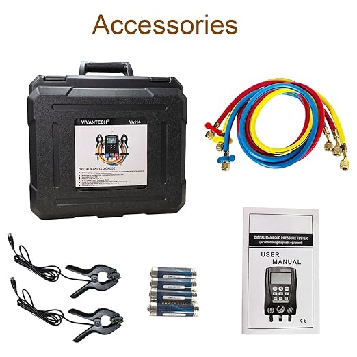 Digital Manifold Gauge Set – HVAC Refrigerant Pressure & Temp Tester, Dual-Port Diagnostic Tool with 112 Refrigerant Profiles, Leak Test, Data Hold & Superheat Subcooling, 3000 PSI Hoses