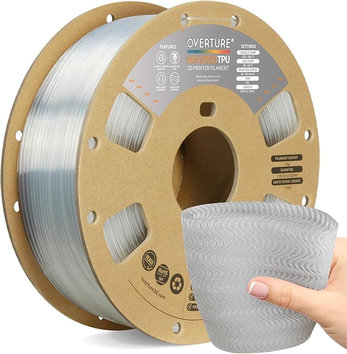 OVERTURE High Speed TPU 95A Flexible 3D Printer Filament 1.75mm | High Elasticity & Durability Filament,1kg Spool(2.2lbs),Fit Most FDM Printer(HS TPU Transparent)