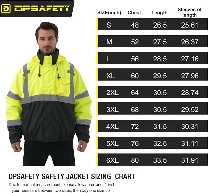 3 in 1 Safety jacket,Reflective high Visibility Hooded jacket,Hi Vis Bomber Jacket shell and fleece lining,Waterproof,ANSI Class 3 Black Bottom Lime,5XL