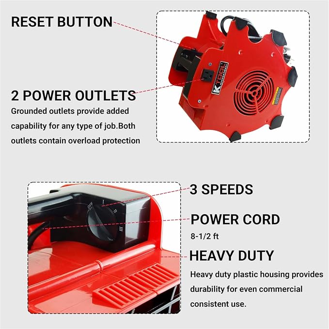 K Tool International 77702 Utility Floor Blower Fan, 300 CFM, 3 Speed Motor, Overload Protection, Impact Resistant ABS, 180 Watt, 110-120V, 60Hz, 12 Amp, 4 Angle Positions, Indoor/Outdoor, Red