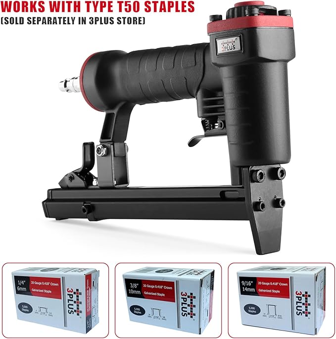 3PLUS HT5014SP Pneumatic 20 Gauge Stapler, T50 Upholstery Stapler, 1/4-Inch to 9/16-Inch