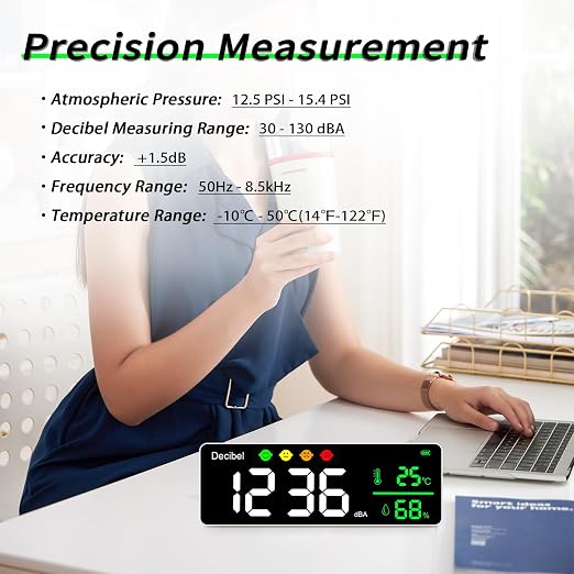 Decibel Meter Wall Hanging Sound Level Meter, 11in Large LED Display +Time + Humidity + Temperature; 4 in 1 Decibel Meter 30-130dB Rang DB Meter & SPL Meter Wide Applications for Home
