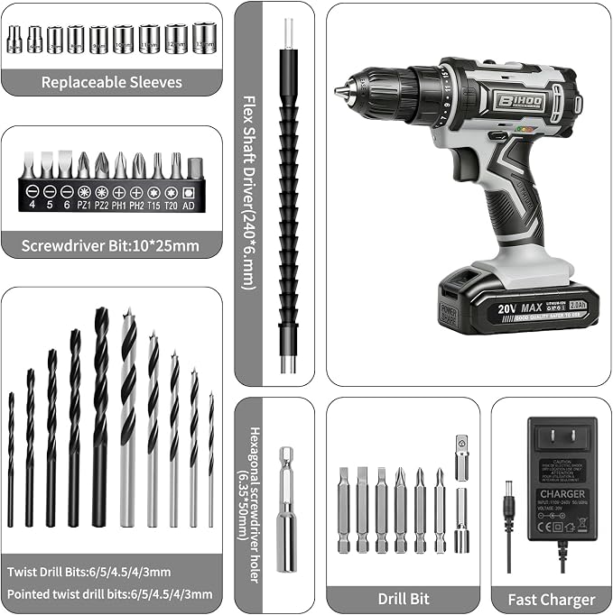 Cordless Drill Set,20V Drill Driver with Battery and Charger,3/8-Inch Keyless Chuck, Variable Speed,with Drills Bits Set,Gray