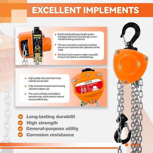 TKK 1/2 Ton Chain Hoist - 1100lbs Capacity, 10FT Manual Hand Chain Block with Heavy-Duty Hooks and Industrial-Grade Structures for Garages, Warehouses, Automotive, and Machinery Lifting
