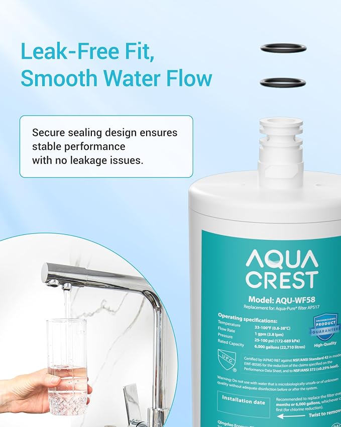 AQUA CREST AP517 Under Sink Water Filter, Replacement for Aqua-Pure® AP517, AP51711, AP510, AP517EA, NSF/ANSI 42 Certified, 6000 Gallons Extended Lifespan, More Pure Enjoyment, 1 Pack