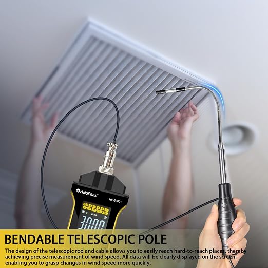 HOLDPEAK Professional Hot-Wire Anemometer, High-Precision Digital Wind Speed Meter for HVAC, Measures CFM/CMM Airflow, Air Velocity & Temperature with Telescopic Probe, Backlit LCD, USB Charging