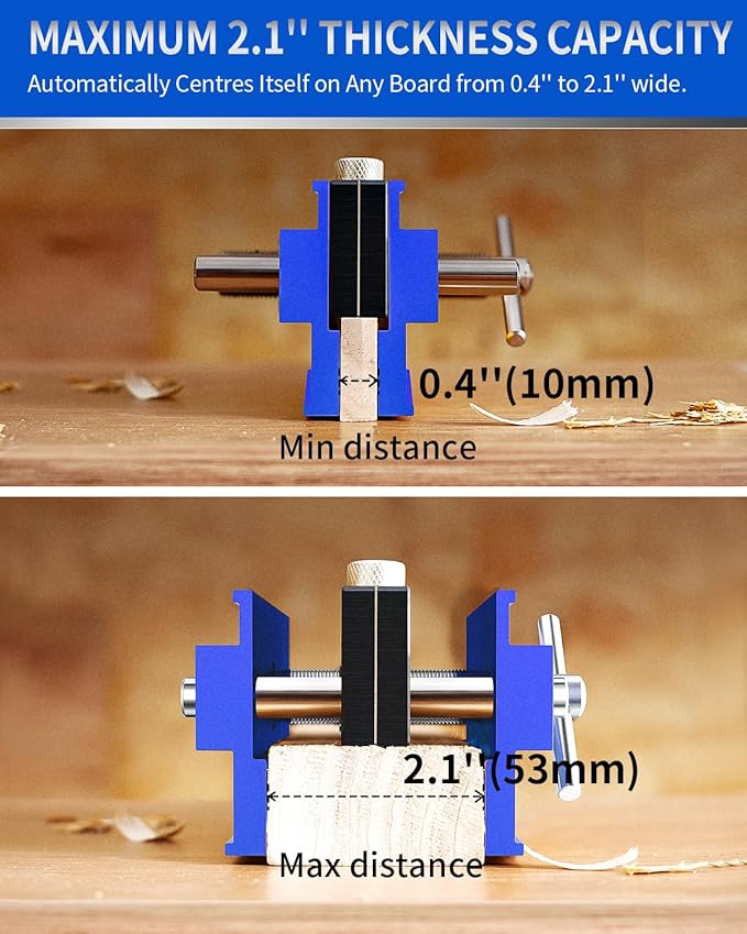 DAYDOOR 2.1" Self Centering Dowel Jig, Universal Capacity Doweling Jig & Drill Guide for Woodworking, Complete Kit with 6 Steel Bushings for Straight Holes(Blue)