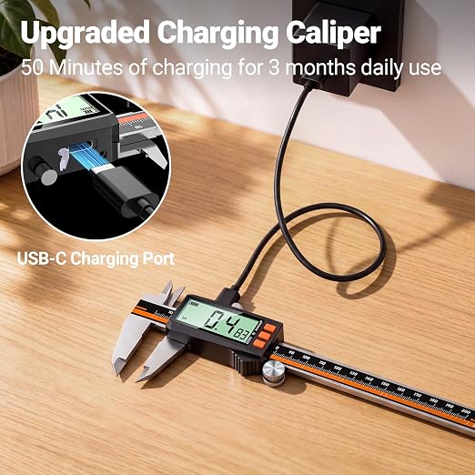 Preciva Digital Caliper 8", Rechargeable Stainless Steel Micrometer | Type-C charging, durable steel body, large LCD with auto-off saves power, in/mm/frac, for 3D-printing machining woodworking