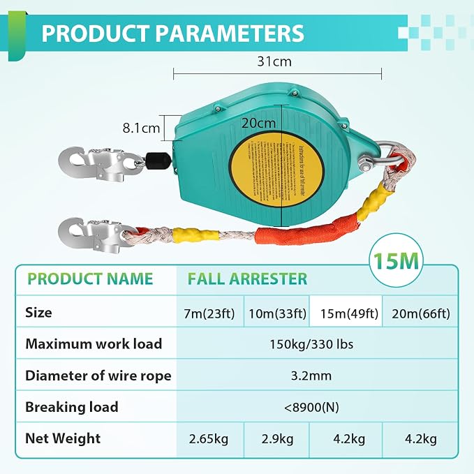 YJINGRUI 49ft/15m Self Retracting Lifeline, Heavy Duty 330lbs Retractable Safety Lanyard with Alloy Steel Hook & Aviation Wire Rope, Fall Arrest Fall Protection Device for Construction/Roof Work