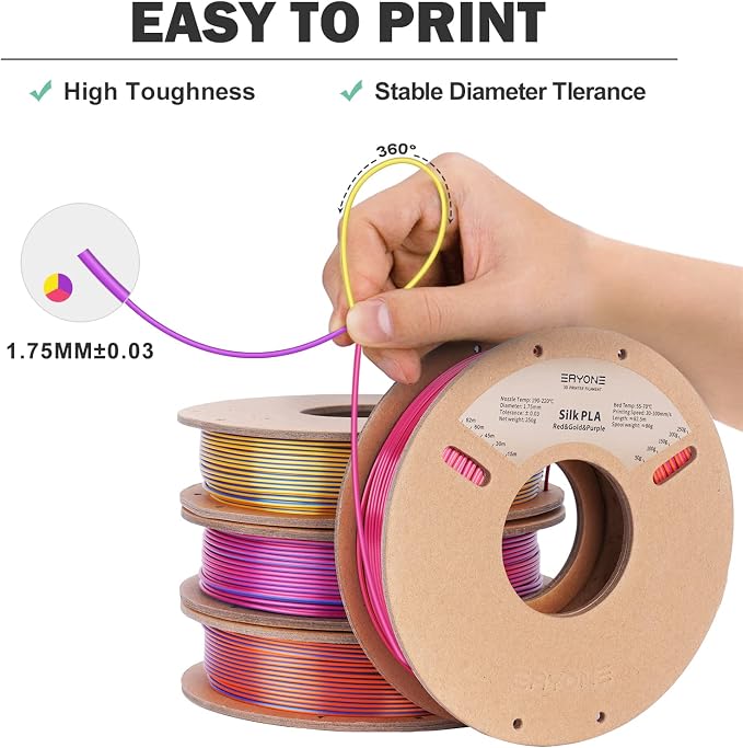 ERYONE PLA Filament 3D Printer Filament Bundle Multicolor 1.75mm +/- 0.03mm, PLA Filament 250g Spool, 4 Rolls, Silk Triple Color 1