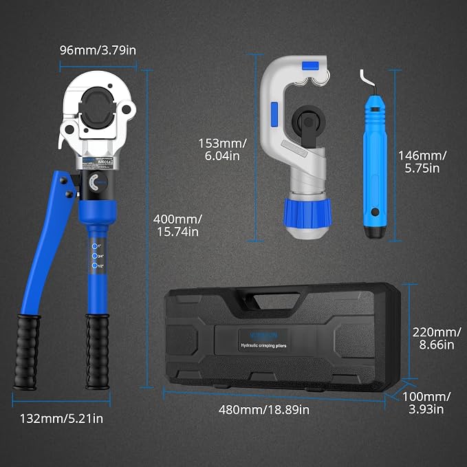 Hydraulic Copper pipe crimper with pipe cutter, Propress tool Vus Dies 1/2", 3/4", 1" With 360° Rotating head For Copper tube, Carbon/Stainless steel Pipes, With Durable Storage Case