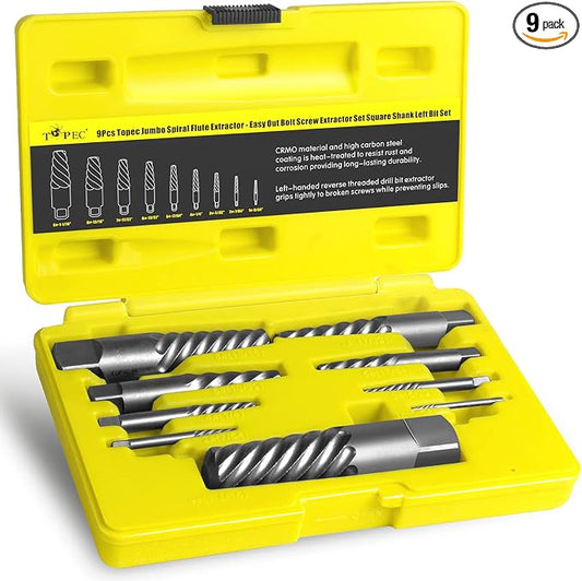 Topec 9 Piece Jumbo Spiral Flute Extractor -Easy Out Bolt Screw Extractor Set Square Shank Reverse Bit Set for Removing Broken Screws, Bolts, and Studs with Reverse Drill Bit Extractor Set