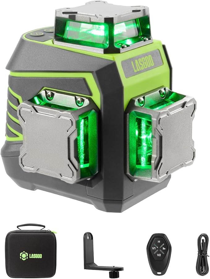 LasGoo Laser Level 3x360° Self Leveling, 3D Green Cross Line Laser for Construction and Picture Hanging, Rechargeable Battery, Remote Control, Magnetic Rotating Stand Included - LG-3Dx