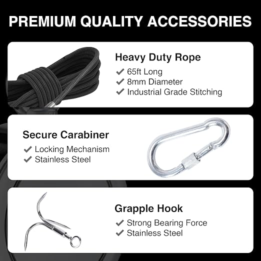 1000LB Complete Magnet Fishing Kit | Double Sided Fishing Magnet Kit with Case | Includes Strong Neodymium N52 Magnets, Durable 65ft Rope, Carabiner, Gloves, Grappling Hook & Carry Case