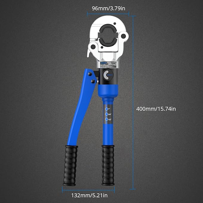 Copper pipe Pro press crimper 8 Ton Hydraulic Tube Fittings Crimping Tool with Vus Dies 1/2", 3/4", 1", 360° Rotating Head Storage Case For Plumbers, Electricians, HVAC Techs