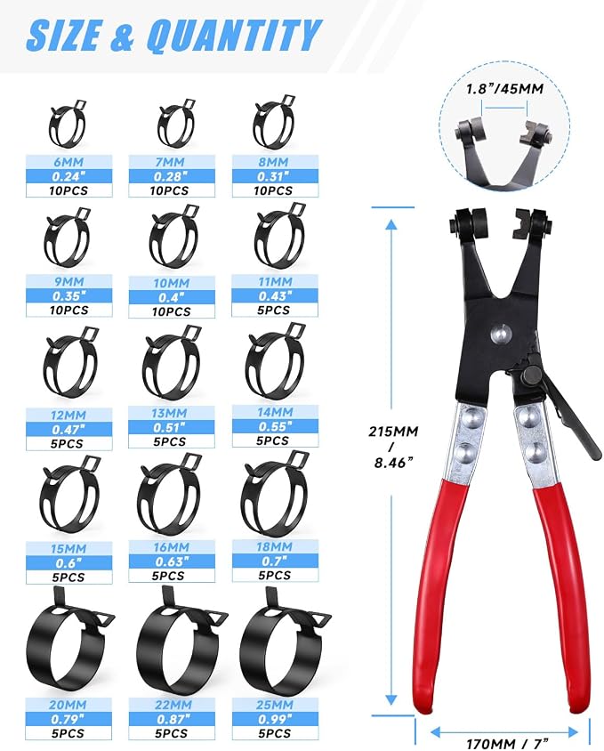 100Pcs Spring Band Hose Clamps Assortment 6-25mm with Swivel Flat Hose Clamp Plier – Carbon Steel Constant Tension Clamps for Auto, Fuel Line, Plumbing & DIY