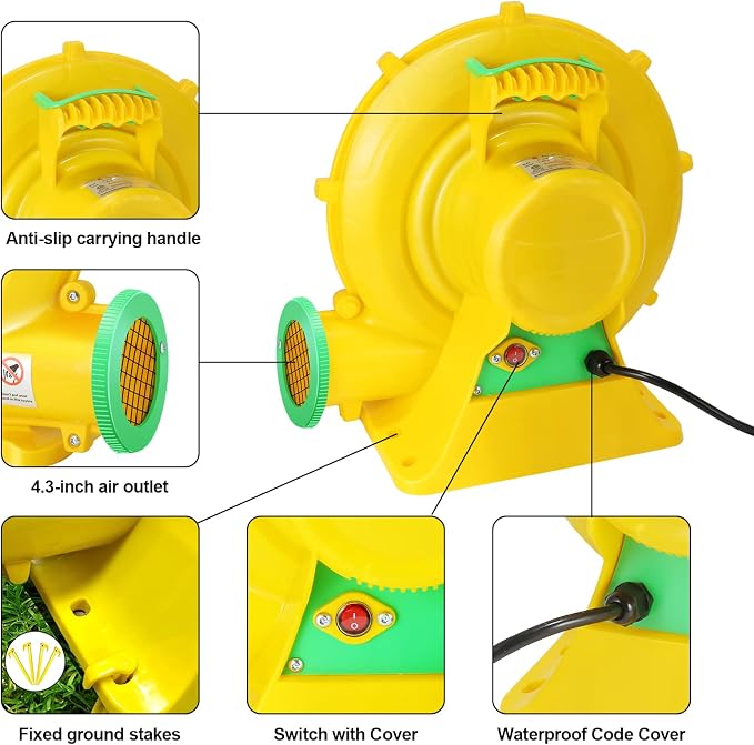 Bounce House Blower, 370W/0.5HP Commercial Air Blower with Double-Sided Fan Blade Design, Strong Wind and Great Heat Dissipation Properties for Bouncy Castle, Jump Slides, Arch, Inflatables