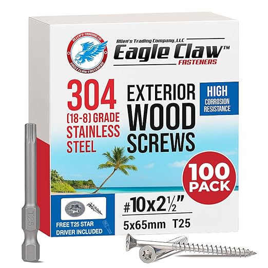#10 x 2 1/2 Inch Stainless Steel Deck Screws | 304 Grade (100 Pack) | Flat Head T25 Star Torx Drive | Stainless Steel Screws by Eagle Claw Fasteners | Corrosion & Rust Resistant (Includes Driver Bit)