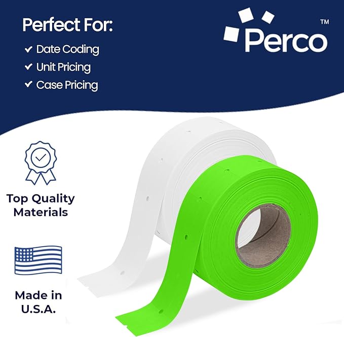 Perco White & Green Pricing Labels for Perco 2 Line Price and Date Gun – One White & One Green Sleeve - 12,000 Price Marking Labels – 2 Sleeves, 16 Rolls Combo Pack - with Label Scraper Included