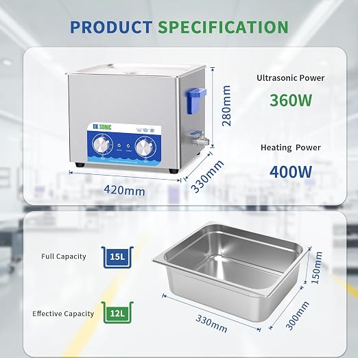 DK SONIC Ultrasonic Cleaner,15L 360W Sonic Cleaner with Heater&Mechanical Timer,Ultrasonic Carburetor Cleaner for Cleaning Gun,Engine,Carburetors,Chains(Include Basket)