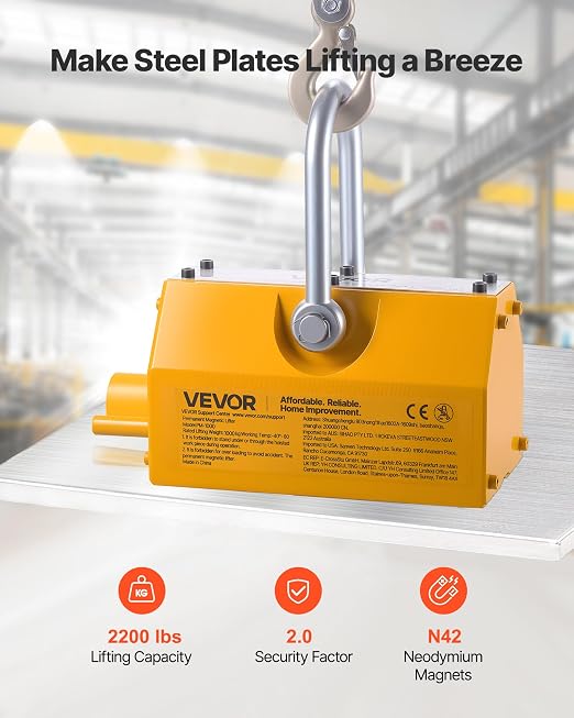 VEVOR Permanent Magnetic Lifter, 2200 lbs Pulling Capacity, Heavy Duty N42 Neodymium Lifting Magnet with Release Handle and Steel Hook, Used in Shop Crane and Hoist, for Lifting Plate Steel, Board