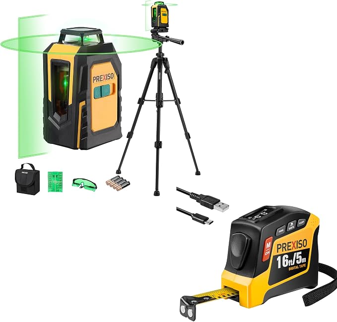 PREXISO 2-in-1 Digital Tape Measure 16Ft & PREXISO 360° Laser Level with Tripod, 100Ft Self Leveling