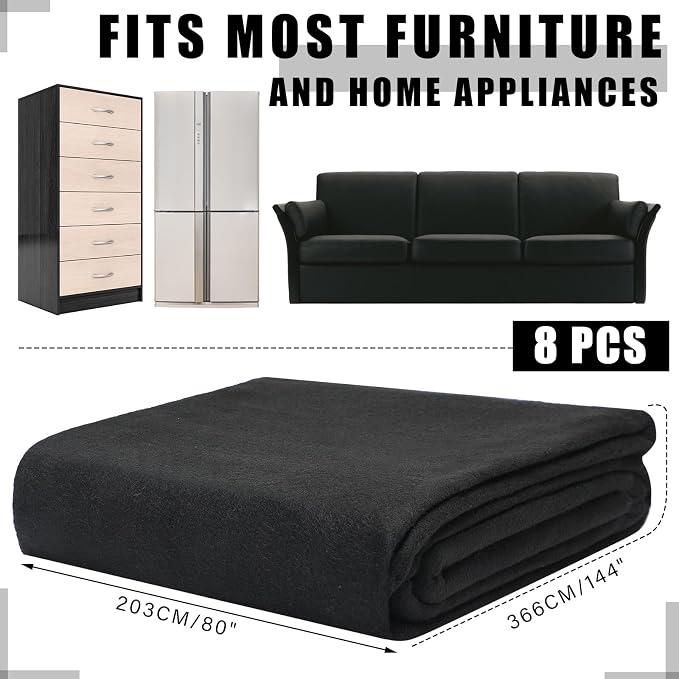 Fanfanwin 8 Pcs 80" x 144" Extra Large Moving Blankets Heavy Duty Packing Blankets Textile Shipping Furniture Pads Furniture Covers Essentials for Protecting Wrapping Moving Supplies, Black