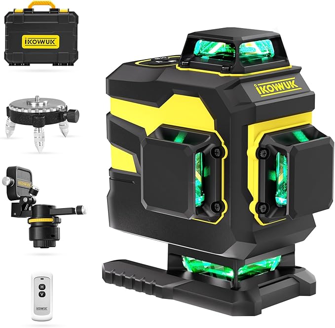 IKOVWUK 4x360° Laser Level Pro Kit, Self-leveling Tool for Construction, Tiling Floor & Picture Hanging, 4D Cross Line Laser Level with Fine-tuning Bracket, 16 Lines Laser level with 2*4000mAh Battery