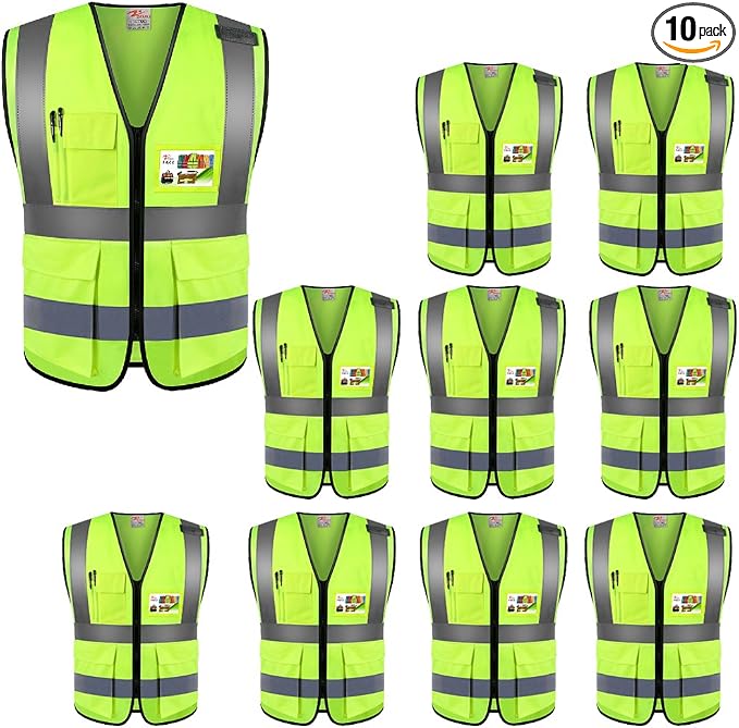 zojo High Visibility Safety Vests With Pockets, for Outdoor Works, Cycling, Jogging, Walking,Sports - Fits for Men and Women (Pack of 10, XXXL-NEON YELLOW)