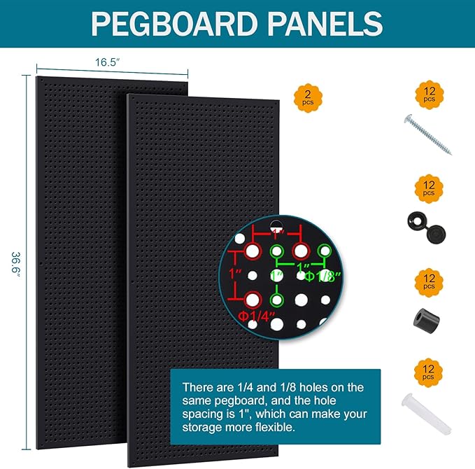 Pegboard Kit with Accessories,Includes 2 Pack 16" X 36" Steel Pegboard and 180 PCS Varied Accessories,can be Used for Tool Storage and Garage Organization. (Black Box)