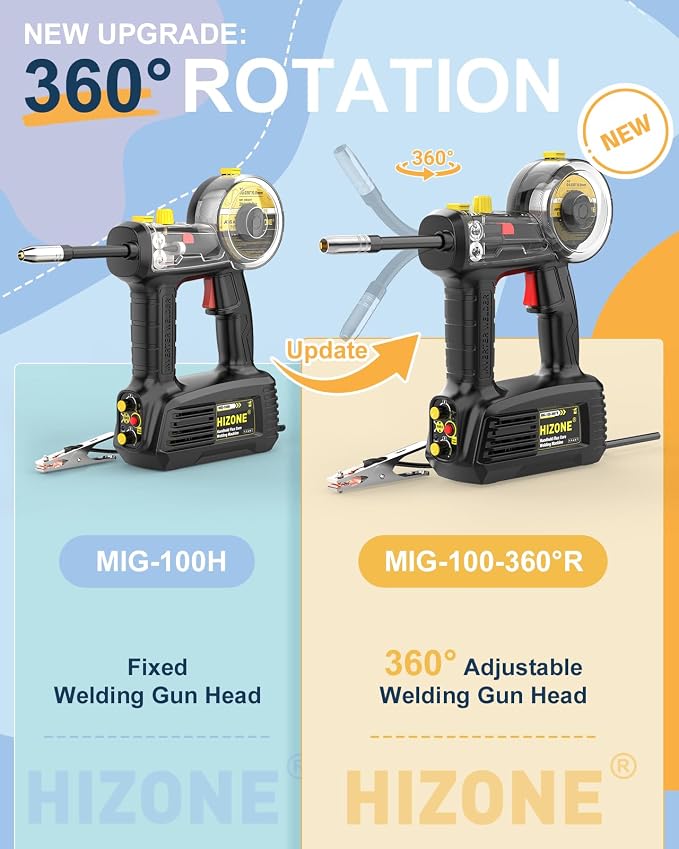 HIZONE 100A Hand Held MIG Welder, 2026 Newest 110V Portable Flux Core Welder with 360° Mig Torch, Gasless Handheld MIG Welding Machine for Home & DIY Projects