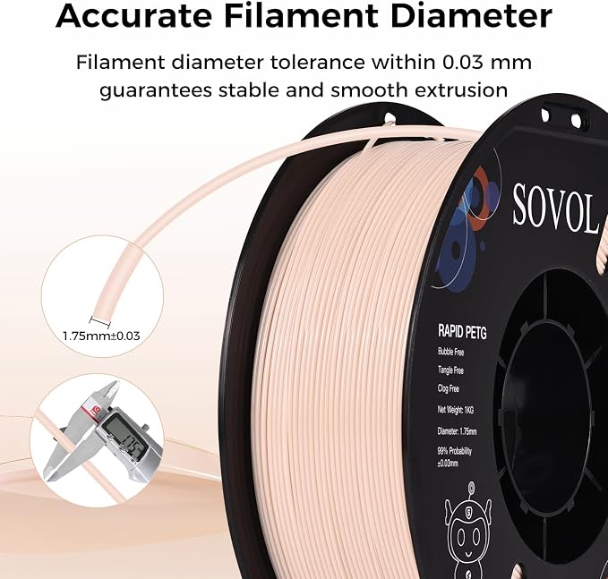 Sovol 3D Printer Rapid PETG Filament 1.75mm 1KG (2.2lbs), High Precision, Strong Toughness, Wiring Tightness, Dimensional Accuracy +/- 0.03 mm, 3D Printing High Speed PETG Filaments, Skin