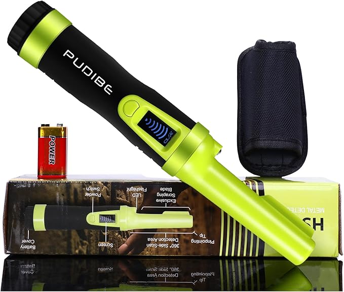 LCD Display Fully Waterproof Pinpoint Metal Detector Pinpointer - 360°Search Treasure Pinpointing Finder Probe for Adults and Kids HS10 Green with Belt Holster