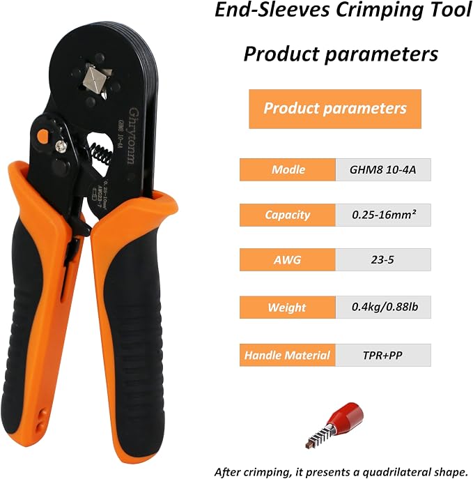 Ferrule Crimping Tool Kit, AWG 10-4 Self-adjustable Ratchet Wire Ferrule Crimper Plie, Black/Orange (Only Crimping Tool)