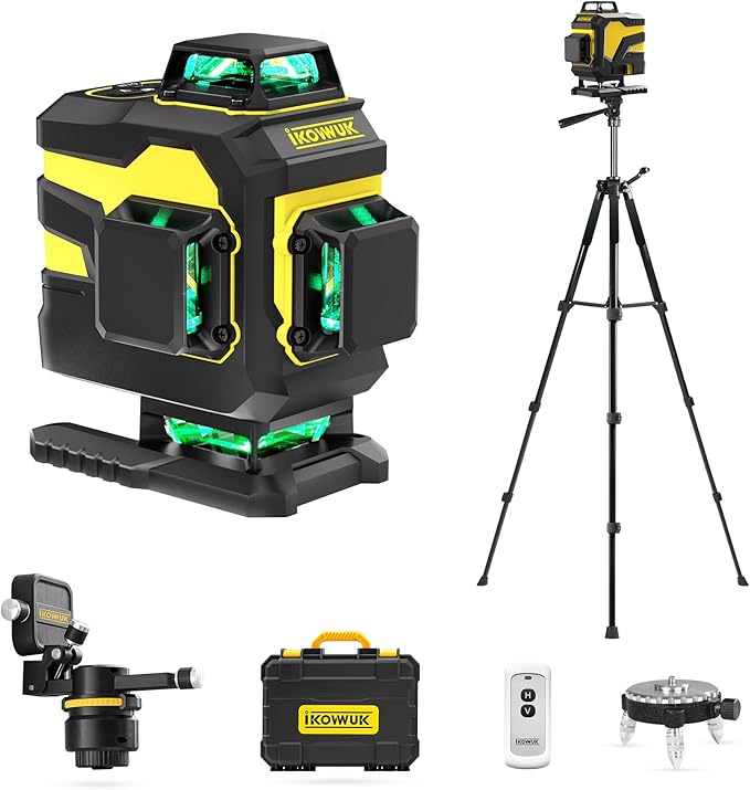 IKOVWUK 4x360° Laser Level Pro Kit with Tripod, 4D Cross Line Laser Level with Fine-tuning Bracket, 16 Lines Laser Level with 2 * 4000mAh Battery, Compact Adjustable 59.8-inch Tripod Included