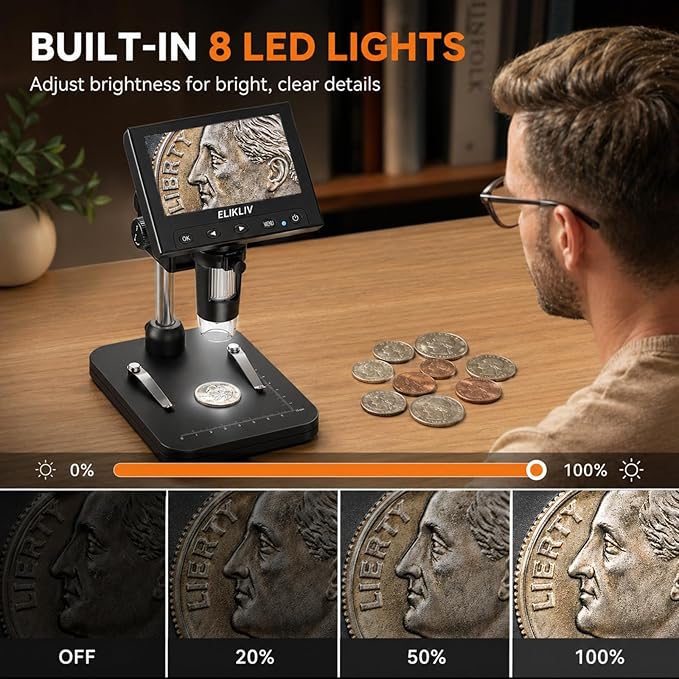 Elikliv Coin Microscope, 4.3'' LCD Digital Microscope 1000x, Coin Magnifier with 8 Adjustable LED Lights, PC View Compatible with Windows/Mac, EDM4B, Black