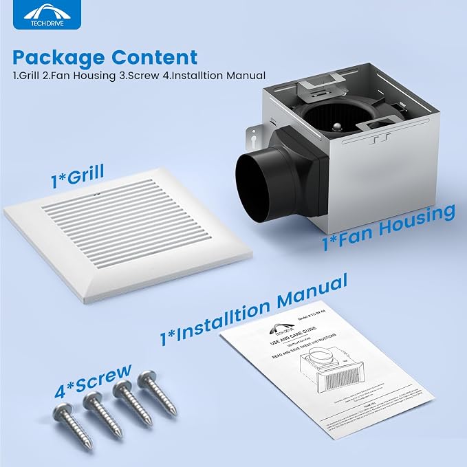 Tech Drive Bathroom Fan with Humidity sensor,80 CFM,1.5 Sone,4 Inch Duct | Very Quiet,No Attic access Needed Installation, HVI and Energy Star Certified, Easy to Install