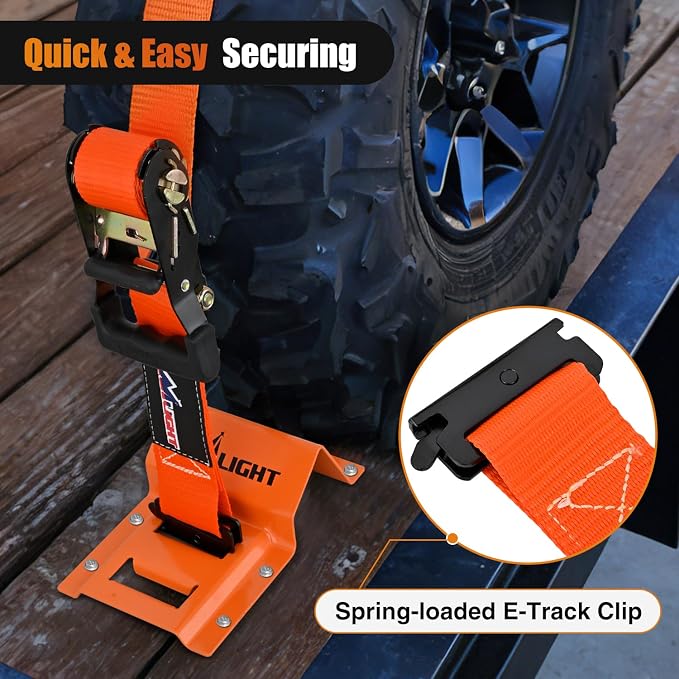 Nilight Wheel Chock Tie Down Kit 4500lb Break Strength 4Pcs E-Track Ratchet Straps 8 Pcs Heavy Duty Trailer Tire Straps System for ATV, UTV, Lawn Mower,SXS 10 in-30 in Diameter Tires Orange